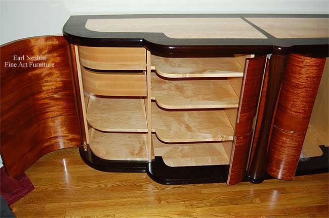 custom made art deco cabinet closeup showing shelves and drawers